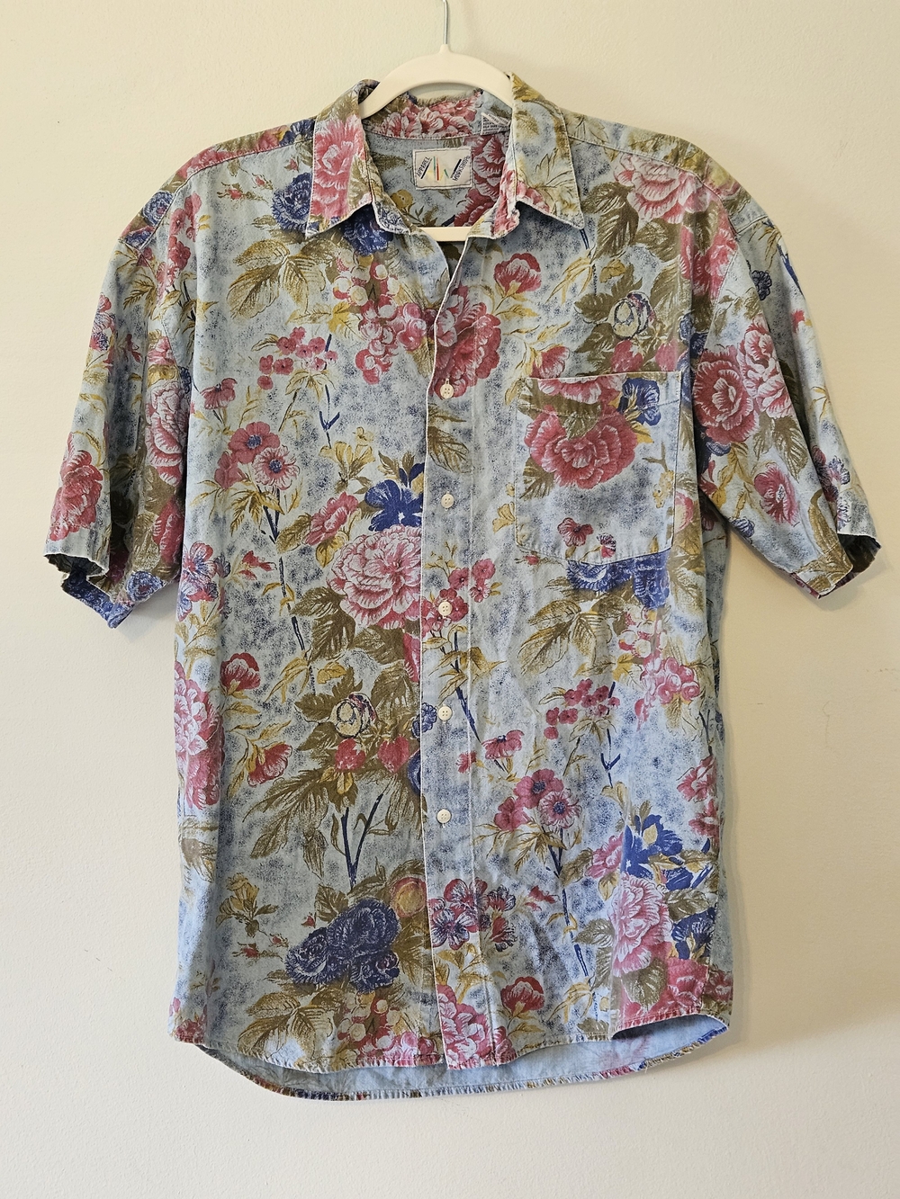 Vintage Floral Short Sleeve Button-Down Shirt - Blue with Red & Yellow Floral